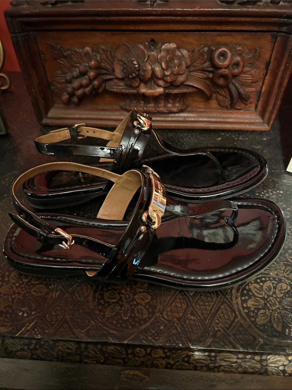Coach Caterine Sandals Size 6.5 Black Patent Leather